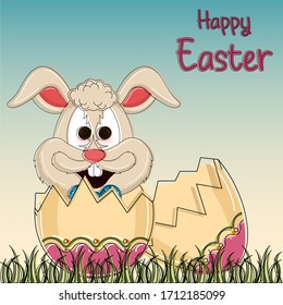 Fröhliches Ostern-Poster. Cute-Ostersonnige Cartonn auf gebrochenem Osterei - Vektorillustration