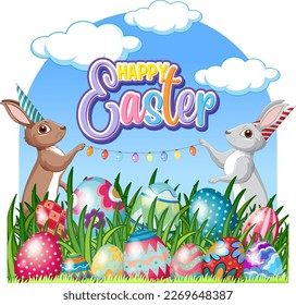 Happy Easter Poster with Cute Bunny and Colourful Eggs illustration