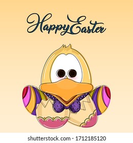 Happy easter poster. Cute duckling cartoon - Vector