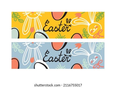 Fröhliches Osterposter. Küchenchasen und Eier. Poster, Grußkarte, Banner für Promotionen. Vektorgrafik.
