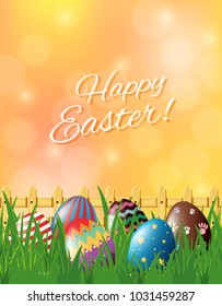 Happy Osterposter mit dekorierten Eiern in Gartengrafik – Stockvektorgrafik