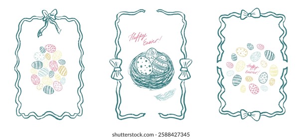 Happy Easter poster. Decorated easter eggs, bird nest in ribbon frame. Pastel colored drawing in brush stroke texture isolated on white. Hand drawn vector sketch illustration in vintage charcoal ink