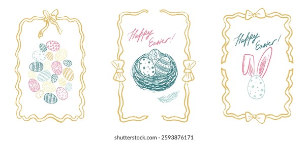 Happy Easter poster. Decorated easter eggs, bird nest in ribbon frame. Pastel colored drawing in brush stroke texture isolated on white. Hand drawn vector sketch illustration in vintage charcoal ink
