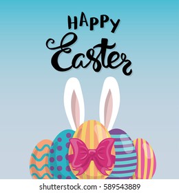 Happy Easter poster with decorated eggs and bunny's ears. Vector illustration.