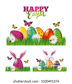 happy easter poster decoration rabbit eggs butterflies and meadow