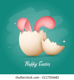 Happy Easter Poster Design With Bunny Ear Inside Broken Egg On Teal Background.