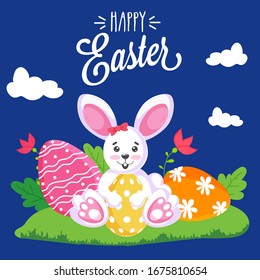 Happy Easter Poster Design with Cartoon Bunny holding Painted Egg on Floral Garden View and Blue Background.