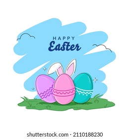 Happy Easter Poster Design With Colorful Eggs, Bunny Ear On Abstract Background.