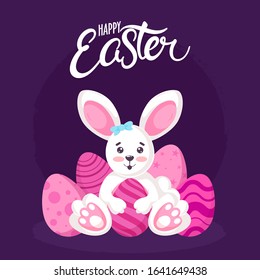 Happy Easter Poster Design with Cute Bunny holding Printed Eggs on Purple Background.