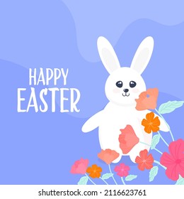 Happy Easter Poster Design With Cute Bunny Character And Floral Decorated On Blue Background.