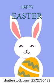 Happy easter poster design featuring cute bunny holding easter egg.