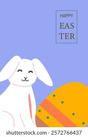 Happy easter poster design featuring smiling bunny and decorated egg.