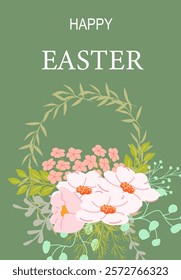 Happy easter poster design with floral wreath and pink flowers for spring celebration.