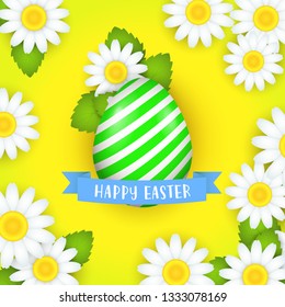 Happy Easter poster design. Green egg, ribbon and chamomiles on yellow background. Illustration can be used for flyers, greeting card, festive banners