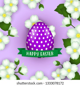 Happy Easter poster design. Green ribbon, violet egg and blooming twigs on lilac background. Illustration can be used for leaflets, invitation cards, festive banners