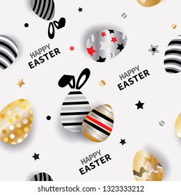 Happy Easter poster design with painted eggs and text on gold and silver colors for seamless pattern