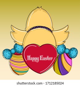 Happy easter poster. Duckling rear view with a heart and decorated easter eggs - Vector