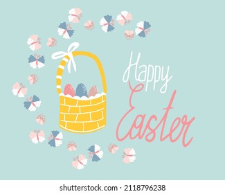 Happy Easter poster with egg in basket and butterfly. Vector illustration for greeting cards, decorations of windows, clothes, banners, flyers, web sites, posts.