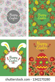 Happy Easter poster with egg, flower and rabbit ears on color background.
