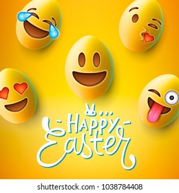 Happy Easter poster, easter eggs with cute smiling emoji faces, vector