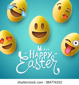 Happy Easter poster, easter eggs with cute smiling emoji faces, vector illustration.