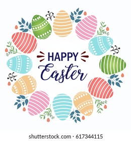 happy easter poster,  eggs with different patterns on a white background