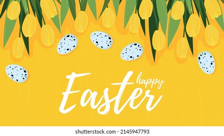 Happy easter. Poster with Easter eggs and flowers. Yellow tulips.