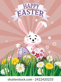 Happy Easter poster eggs hunt, white cute bunny with color eggs