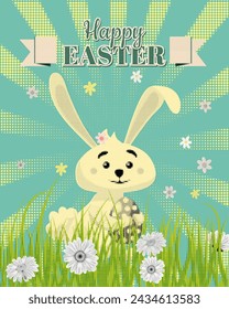 Happy Easter poster eggs hunt, white cute bunny with color eggs