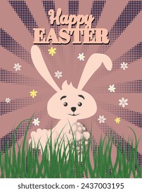 Happy Easter poster eggs hunt, white cute bunny with color eggs