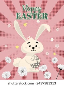 Happy Easter poster eggs hunt, white cute bunny with color eggs