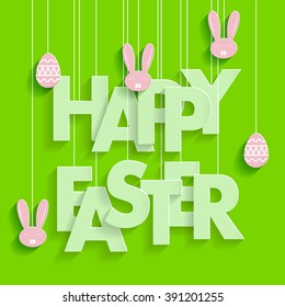 Happy Easter poster with eggs and rabbits silhouette, vector illustration