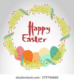 "Happy Easter" poster with floral wreath and eggs