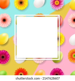 Happy Easter Poster With Flowers And Eggs , With Gradient Mesh, Vector Illustration