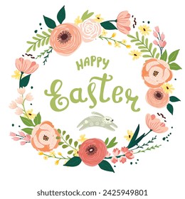 Happy Easter poster with flowers,hand lettering and patterned silhouette of rabbit.Cartoon greeting card with floral composition and cute animal.Print on fabric and paper. Hand drawn illustration.