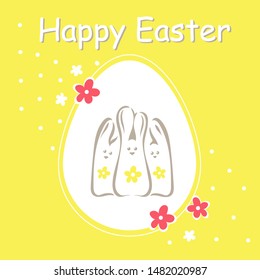 Happy Easter poster. Funny rabbits and the egg on violet background. Little bunnies and flowers on a greeting card.