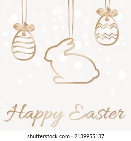 Happy Easter poster with gold rabbit and eggs. Greeting card. Vector illustration.