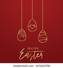 Afiche feliz de Pascua con huevos dorados en rojo. Tarjeta de saludo de vacaciones, banner publicitario. Ilustración vectorial.