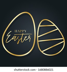 Happy Easter poster with golden eggs on black. Holiday greeting card, advertising banner. Vector illustration.