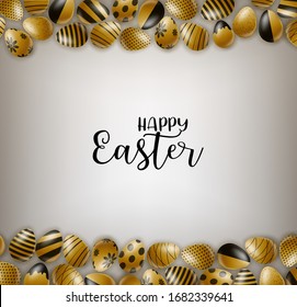 Afiche feliz de Pascua. Huevos de oro con decoración negra. Ilustración vectorial.