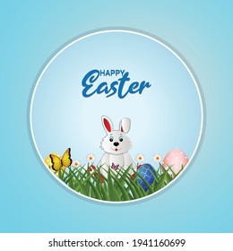 Happy easter poster or greeting card with colorful painted easter egg and easter bunny