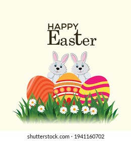 Fröhliches Osterposter oder Grußkarte mit buntem gemaltem Osterei und Osterhasen
