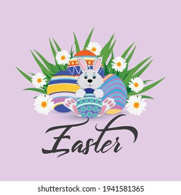 Happy easter poster or greeting card with colorful painted easter egg and easter bunny