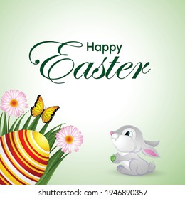 Afiche de pascua feliz o tarjeta de saludo con huevo de pascua pintado de colores y conejo de pascua