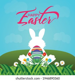 Happy easter poster or greeting card with colorful painted easter egg and easter bunny