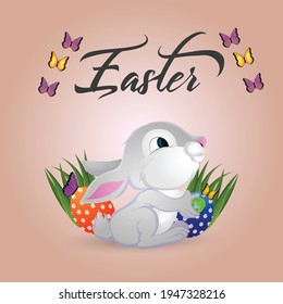 Happy easter poster or greeting card with colorful painted easter egg and easter bunny