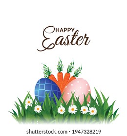 Happy easter poster or greeting card with colorful painted easter egg and easter bunny