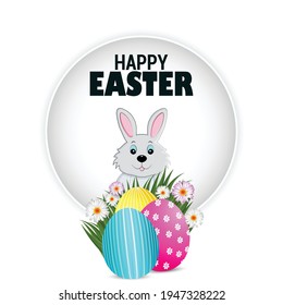 Happy easter poster or greeting card with colorful painted easter egg and easter bunny