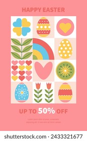 Happy Easter. Poster, greeting card, cover, label, sale promotion templates. Modern geometric abstract style. Trendy design with typography, hand painted plants, eggs in pastel colors 