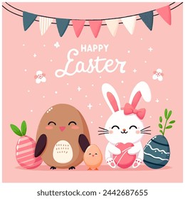 Póster de Feliz Pascua, tarjeta de felicitación. Conejo blanco, huevos pintados, pájaros, hojas verdes y letras "Feliz Pascua". Dibujado a mano ilustración vectorial.